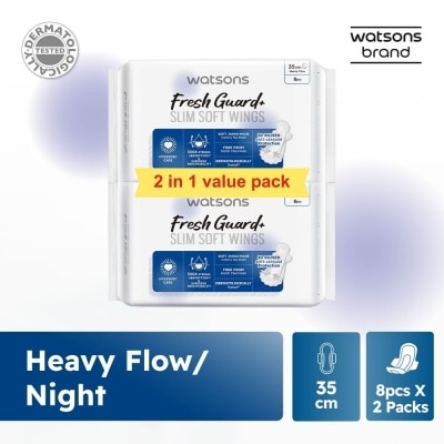 WATSONS Fresh Guard+ Slim Soft Wings Heavy Flow Sanitary Pad 35cm Value Pack 8s x 2