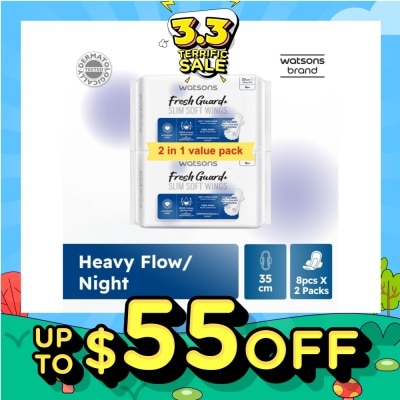 WATSONS Fresh Guard+ Slim Soft Wings Heavy Flow Sanitary Pad 35cm Value Pack 8s x 2