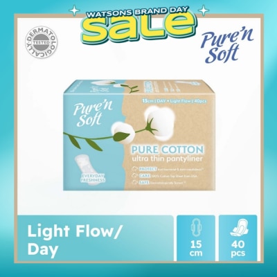 PURE N SOFT - Pure Cotton Ultra Thin Pantyliner 15cm (Anti-Bacterial, Anti-Candidiasis & Dermatologically Tested) 40s