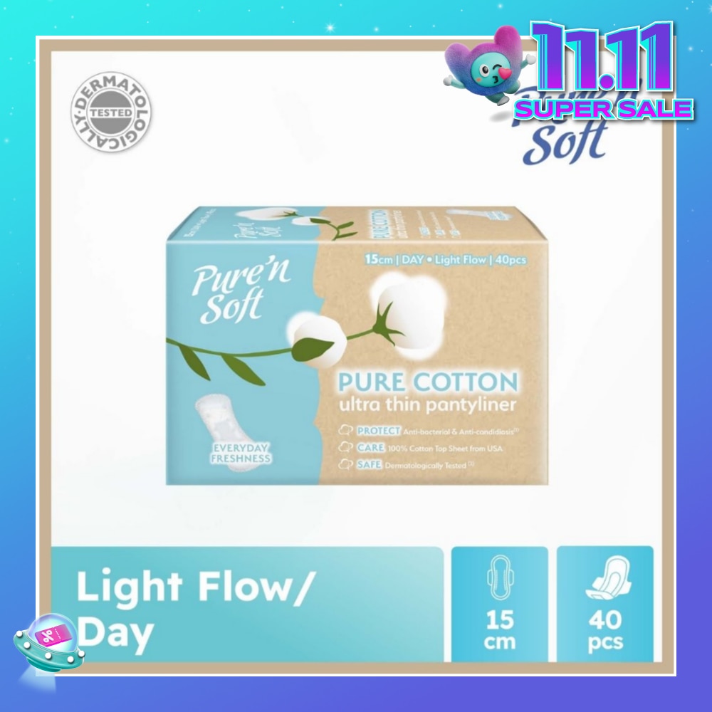 Pure Cotton Ultra Thin Pantyliner 15cm (Anti-Bacterial, Anti-Candidiasis & Dermatologically Tested) 40s