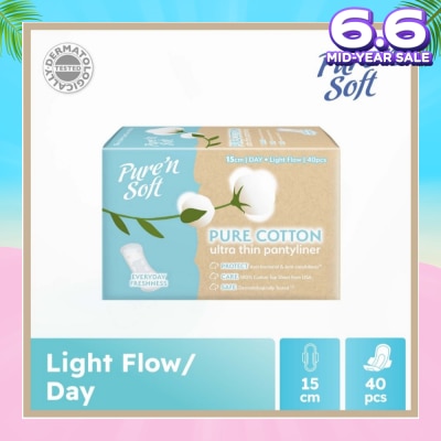 PURE N SOFT Pure Cotton Ultra Thin Pantyliner 15cm (Anti-Bacterial, Anti-Candidiasis & Dermatologically Tested) 40s