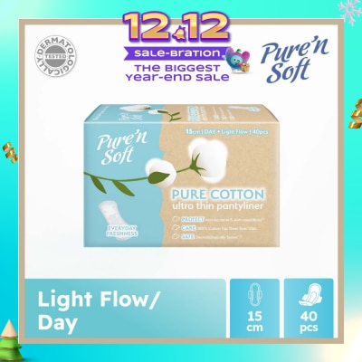 PURE N SOFT Pure Cotton Ultra Thin Pantyliner 15cm (Anti-Bacterial, Anti-Candidiasis & Dermatologically Tested) 40s