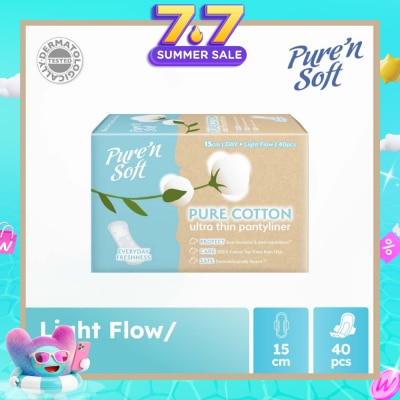 PURE N SOFT - Pure Cotton Ultra Thin Pantyliner 15cm (Anti-Bacterial, Anti-Candidiasis & Dermatologically Tested) 40s