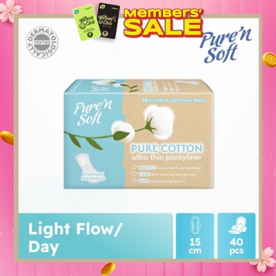 PURE N SOFT Pure Cotton Ultra Thin Pantyliner 15cm (Anti-Bacterial, Anti-Candidiasis & Dermatologically Tested) 40s