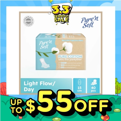 PURE N SOFT Pure Cotton Ultra Thin Pantyliner 15cm (Anti-Bacterial, Anti-Candidiasis & Dermatologically Tested) 40s