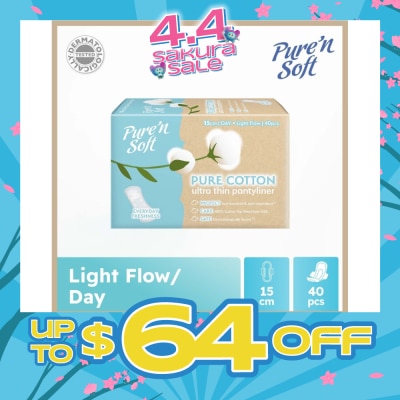 PURE N SOFT - Pure Cotton Ultra Thin Pantyliner 15cm (Anti-Bacterial, Anti-Candidiasis & Dermatologically Tested) 40s