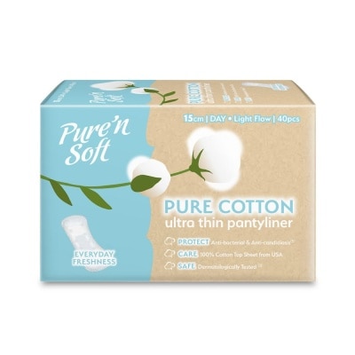 PURE N SOFT Pure Cotton Ultra Thin Pantyliner 15cm (Anti-Bacterial, Anti-Candidiasis & Dermatologically Tested) 40s