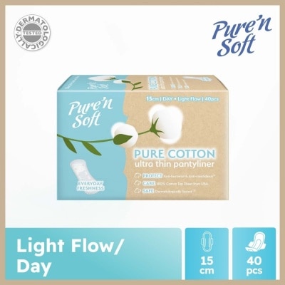 PURE N SOFT Pure Cotton Ultra Thin Pantyliner 15cm (Anti-Bacterial, Anti-Candidiasis & Dermatologically Tested) 40s