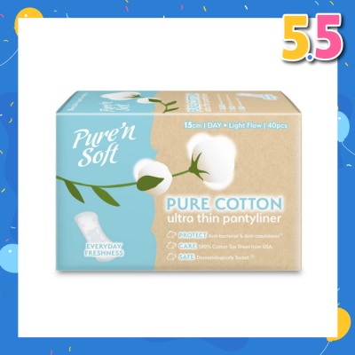 PURE N SOFT Pure Cotton Ultra Thin Pantyliner 15cm (Anti-Bacterial, Anti-Candidiasis & Dermatologically Tested) 40s