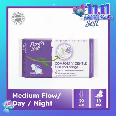 PURE N SOFT Comfort V-Gentle Slim Soft Wings Sanitary Pad 29cm (Lock & Absorb) 18s