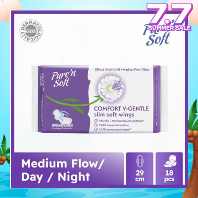 PURE N SOFT Comfort V-Gentle Slim Soft Wings Sanitary Pad 29cm (Lock & Absorb) 18s