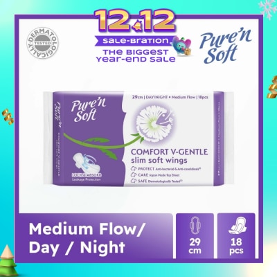 PURE N SOFT Comfort V-Gentle Slim Soft Wings Sanitary Pad 29cm (Lock & Absorb) 18s