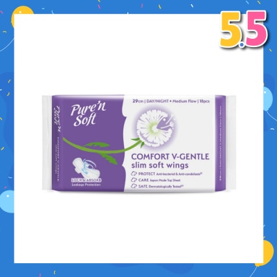 PURE N SOFT Comfort V-Gentle Slim Soft Wings Sanitary Pad 29cm (Lock & Absorb) 18s