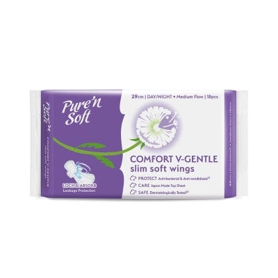 PURE N SOFT Comfort V-Gentle Slim Soft Wings Sanitary Pad 29cm (Lock & Absorb) 18s