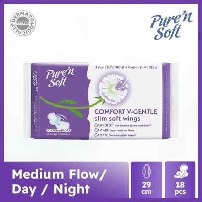 PURE N SOFT Comfort V-Gentle Slim Soft Wings Sanitary Pad 29cm (Lock & Absorb) 18s