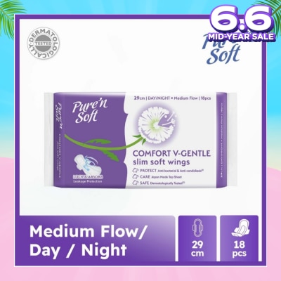 PURE N SOFT Comfort V-Gentle Slim Soft Wings Sanitary Pad 29cm (Lock & Absorb) 18s