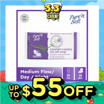 PURE N SOFT Comfort V-Gentle Slim Soft Wings Sanitary Pad 29cm (Lock & Absorb) 18s