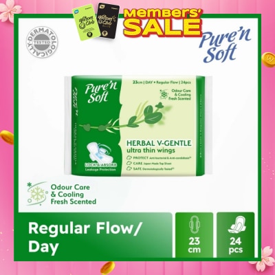 PURE N SOFT Herbal V-Gentle Ultra Thin Wings Sanitary Pad 23cm (Odour Care & Cooling Fresh Scented) 24s