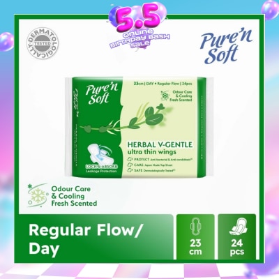 PURE N SOFT - Herbal V-Gentle Ultra Thin Wings Sanitary Pad 23cm (Odour Care & Cooling Fresh Scented) 24s