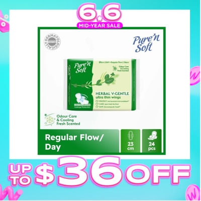 PURE N SOFT - Herbal V-Gentle Ultra Thin Wings Sanitary Pad 23cm (Odour Care & Cooling Fresh Scented) 24s