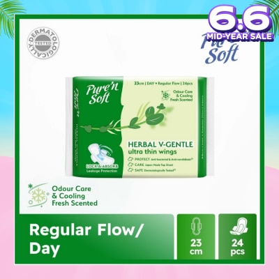 PURE N SOFT Herbal V-Gentle Ultra Thin Wings Sanitary Pad 23cm (Odour Care & Cooling Fresh Scented) 24s