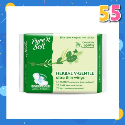PURE N SOFT Herbal V-Gentle Ultra Thin Wings Sanitary Pad 23cm (Odour Care & Cooling Fresh Scented) 24s
