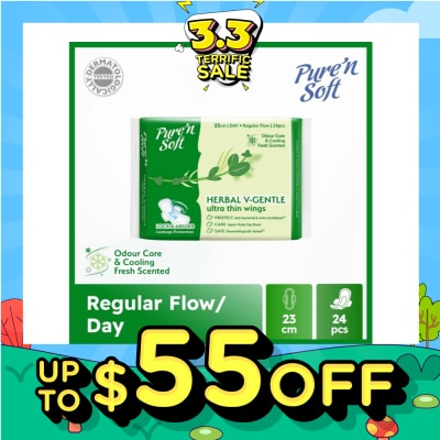 PURE N SOFT Herbal V-Gentle Ultra Thin Wings Sanitary Pad 23cm (Odour Care & Cooling Fresh Scented) 24s