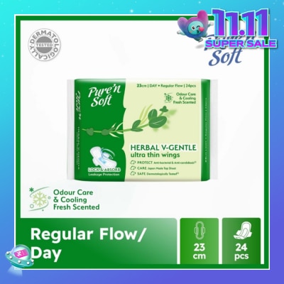 PURE N SOFT Herbal V-Gentle Ultra Thin Wings Sanitary Pad 23cm (Odour Care & Cooling Fresh Scented) 24s