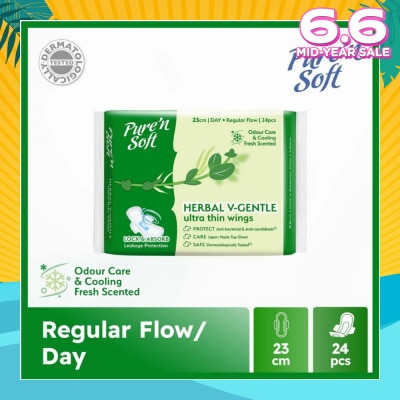 PURE N SOFT Herbal V-Gentle Ultra Thin Wings Sanitary Pad 23cm (Odour Care & Cooling Fresh Scented) 24s
