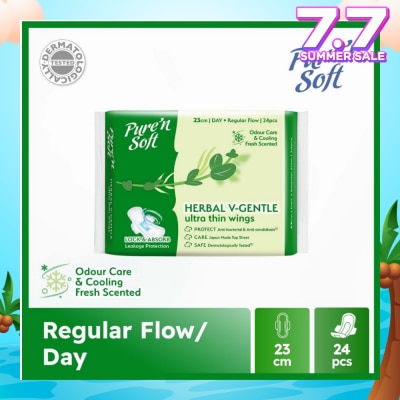 PURE N SOFT Herbal V-Gentle Ultra Thin Wings Sanitary Pad 23cm (Odour Care & Cooling Fresh Scented) 24s