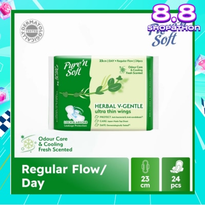 PURE N SOFT Herbal V-Gentle Ultra Thin Wings Sanitary Pad 23cm (Odour Care & Cooling Fresh Scented) 24s