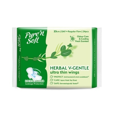 PURE N SOFT Herbal V-Gentle Ultra Thin Wings Sanitary Pad 23cm (Odour Care & Cooling Fresh Scented) 24s