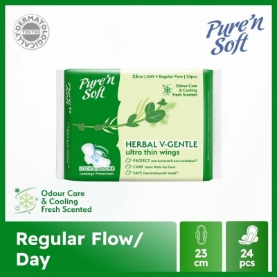 PURE N SOFT Herbal V-Gentle Ultra Thin Wings Sanitary Pad 23cm (Odour Care & Cooling Fresh Scented) 24s