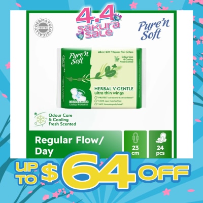 PURE N SOFT - Herbal V-Gentle Ultra Thin Wings Sanitary Pad 23cm (Odour Care & Cooling Fresh Scented) 24s