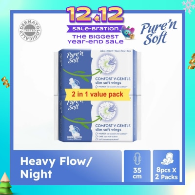 PURE N SOFT Comfort V-Gentle Slim Soft Wings Sanitary Pad 35cm (Twin Pack) 8s x 2