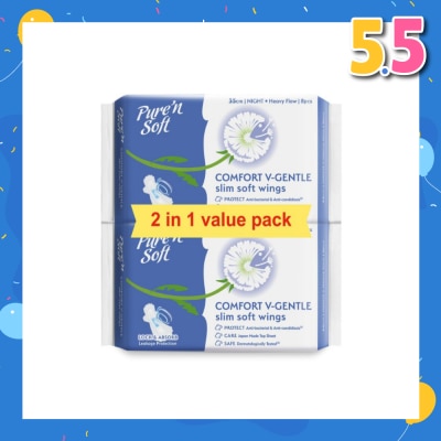 PURE N SOFT Comfort V-Gentle Slim Soft Wings Sanitary Pad 35cm (Twin Pack) 8s x 2