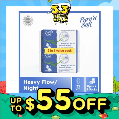 PURE N SOFT Comfort V-Gentle Slim Soft Wings Sanitary Pad 35cm (Twin Pack) 8s x 2