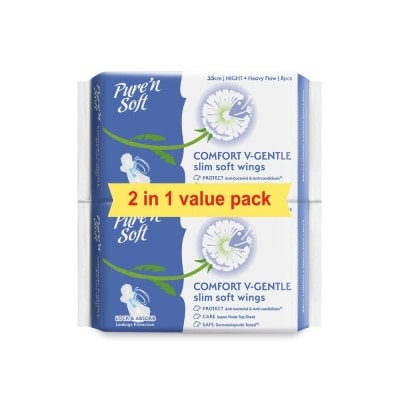 PURE N SOFT Comfort V-Gentle Slim Soft Wings Sanitary Pad 35cm (Twin Pack) 8s x 2