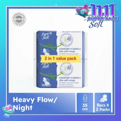 PURE N SOFT Comfort V-Gentle Slim Soft Wings Sanitary Pad 35cm (Twin Pack) 8s x 2