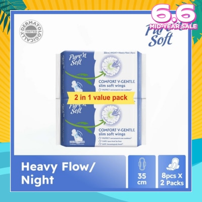 PURE N SOFT Comfort V-Gentle Slim Soft Wings Sanitary Pad 35cm (Twin Pack) 8s x 2