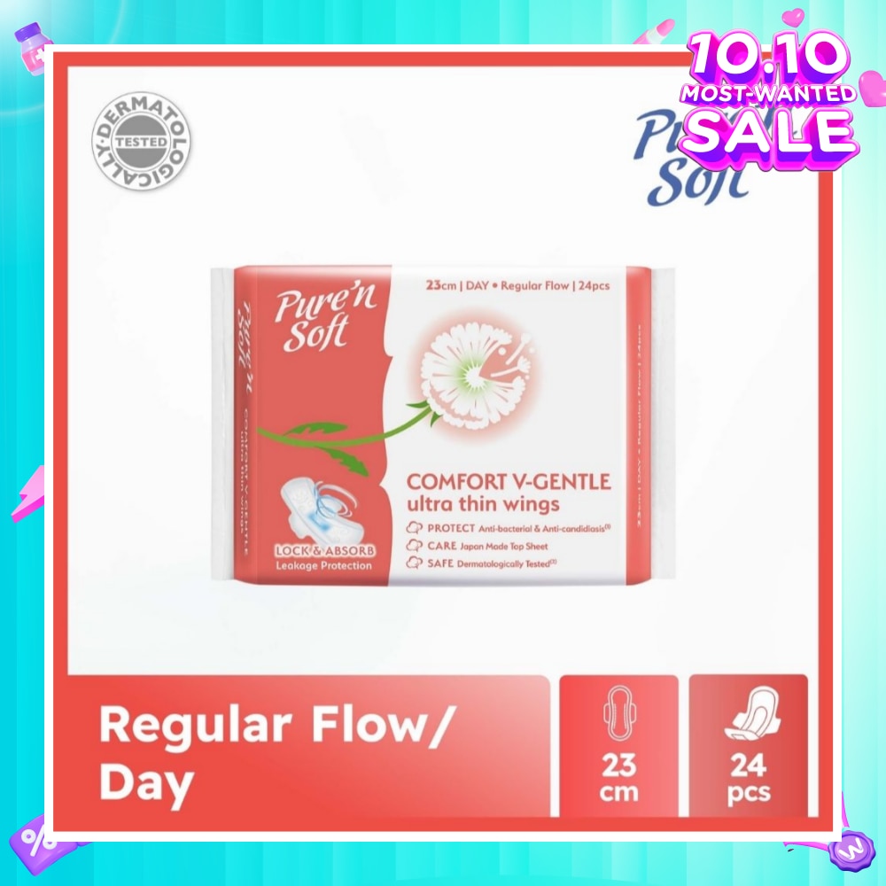 Comfort V-Gentle Ultra Thin Wings Sanitary Pad 23cm (Anti-Bacterial, Anti-Candidiasis & Dermatologically Tested) 24s