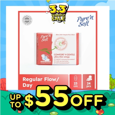 PURE N SOFT Comfort V-Gentle Ultra Thin Wings Sanitary Pad 23cm (Anti-Bacterial, Anti-Candidiasis & Dermatologically Tested) 24s