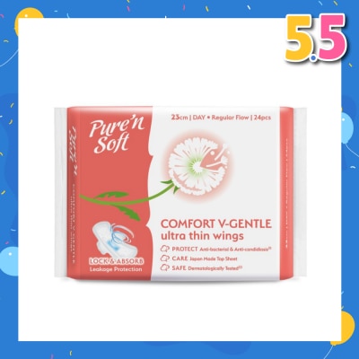 PURE N SOFT Comfort V-Gentle Ultra Thin Wings Sanitary Pad 23cm (Anti-Bacterial, Anti-Candidiasis & Dermatologically Tested) 24s