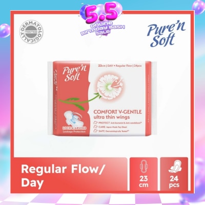 PURE N SOFT - Comfort V-Gentle Ultra Thin Wings Sanitary Pad 23cm (Anti-Bacterial, Anti-Candidiasis & Dermatologically Tested) 24s