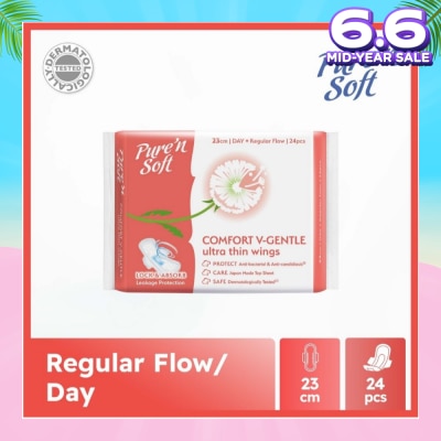 PURE N SOFT Comfort V-Gentle Ultra Thin Wings Sanitary Pad 23cm (Anti-Bacterial, Anti-Candidiasis & Dermatologically Tested) 24s