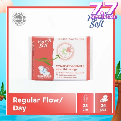 PURE N SOFT Comfort V-Gentle Ultra Thin Wings Sanitary Pad 23cm (Anti-Bacterial, Anti-Candidiasis & Dermatologically Tested) 24s