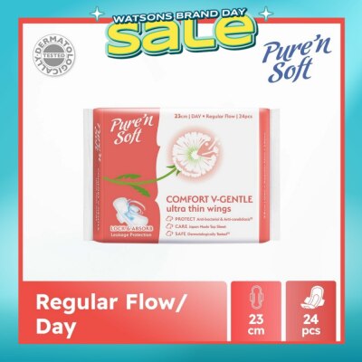 PURE N SOFT - Comfort V-Gentle Ultra Thin Wings Sanitary Pad 23cm (Anti-Bacterial, Anti-Candidiasis & Dermatologically Tested) 24s