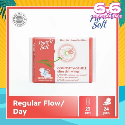 PURE N SOFT Comfort V-Gentle Ultra Thin Wings Sanitary Pad 23cm (Anti-Bacterial, Anti-Candidiasis & Dermatologically Tested) 24s