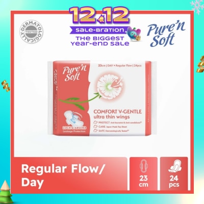 PURE N SOFT Comfort V-Gentle Ultra Thin Wings Sanitary Pad 23cm (Anti-Bacterial, Anti-Candidiasis & Dermatologically Tested) 24s