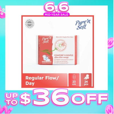 PURE N SOFT - Comfort V-Gentle Ultra Thin Wings Sanitary Pad 23cm (Anti-Bacterial, Anti-Candidiasis & Dermatologically Tested) 24s